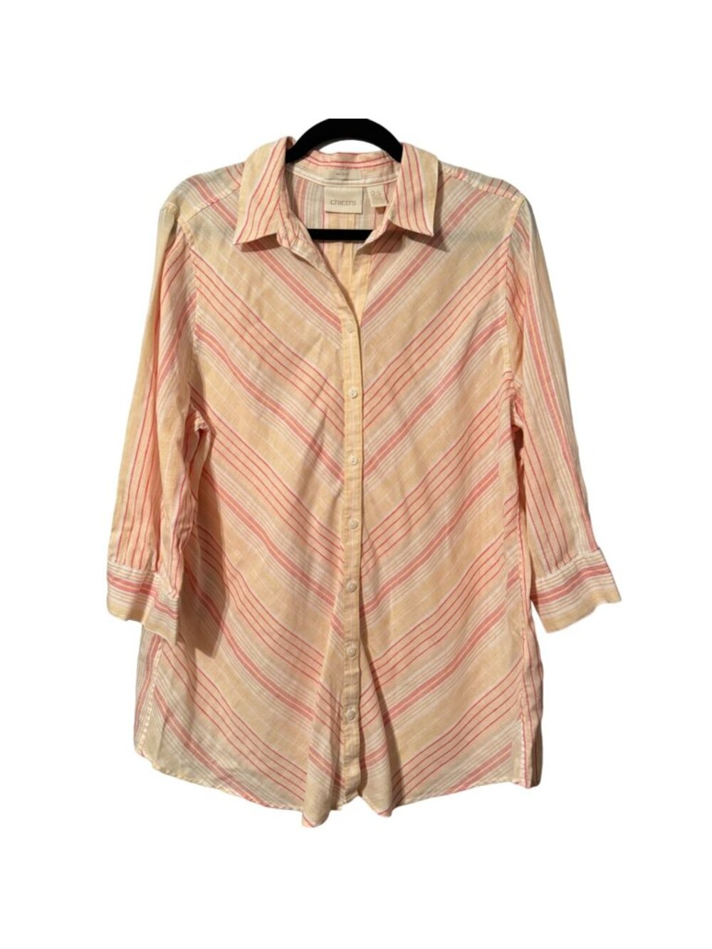 Chicos Womens No-Iron Tunic Shirt L Striped Button-Down 100% Linen top